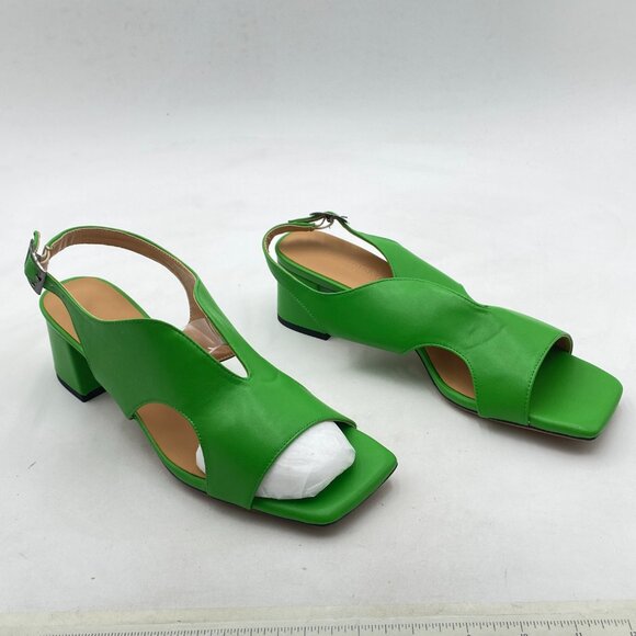 Green Matte Square Peep Toe Block Heel Slingback Sandal Chunky Heel Sandals - Picture 4 of 9
